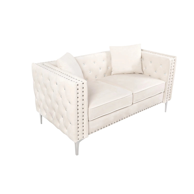 Solid Wood 82.3 Width Modern Velvet Sofa Jeweled Buttons Tufted Square Arm Couch,2 Pillows Included,Beige,4 colors - image 6
