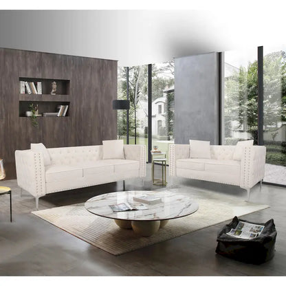 Solid Wood 82.3 Width Modern Velvet Sofa Jeweled Buttons Tufted Square Arm Couch,2 Pillows Included,Beige,4 colors - image 7