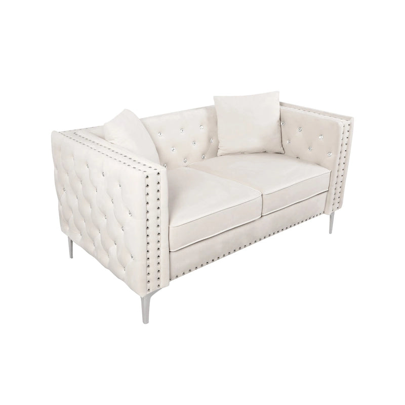 Solid Wood 82.3 Width Modern Velvet Sofa Jeweled Buttons Tufted Square Arm Couch,2 Pillows Included,Beige,4 colors - image 8