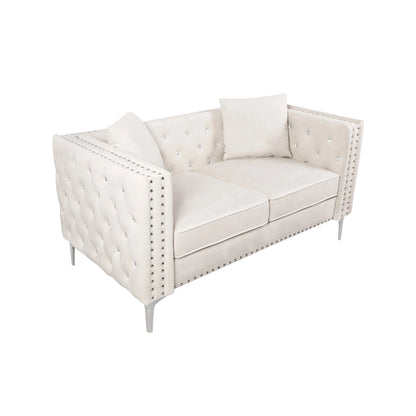 Solid Wood 82.3 Width Modern Velvet Sofa Jeweled Buttons Tufted Square Arm Couch,2 Pillows Included,Beige,4 colors - image 8