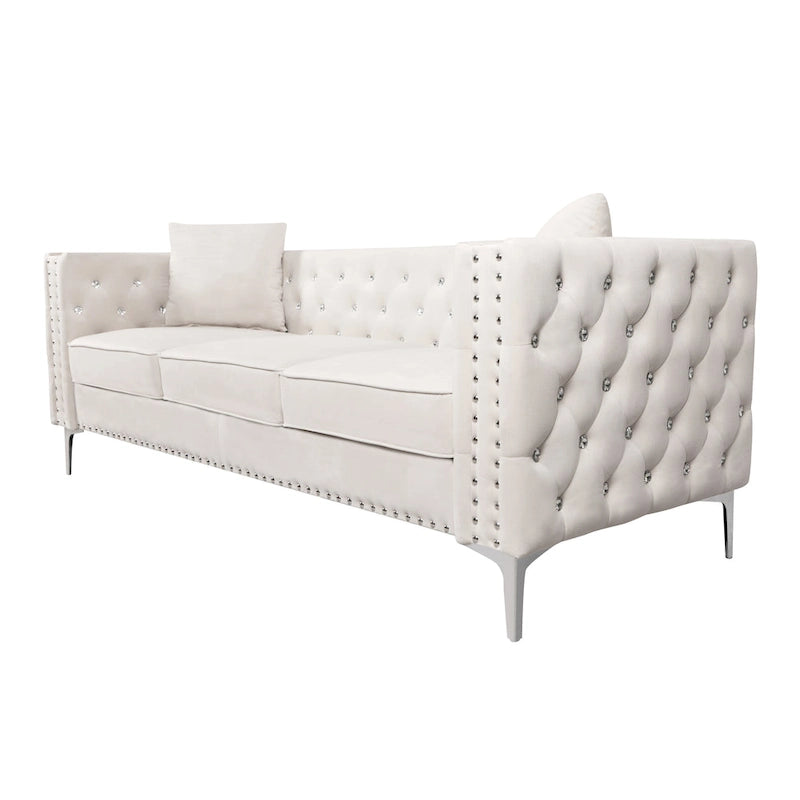 Solid Wood 82.3 Width Modern Velvet Sofa Jeweled Buttons Tufted Square Arm Couch,2 Pillows Included,Beige,4 colors - image 9