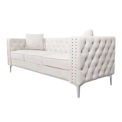 Solid Wood 82.3 Width Modern Velvet Sofa Jeweled Buttons Tufted Square Arm Couch,2 Pillows Included,Beige,4 colors - image 9