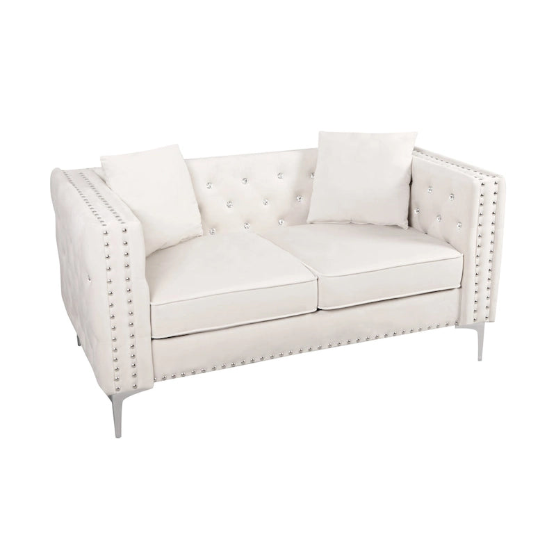 Solid Wood 82.3 Width Modern Velvet Sofa Jeweled Buttons Tufted Square Arm Couch,2 Pillows Included,Beige,4 colors - image 10