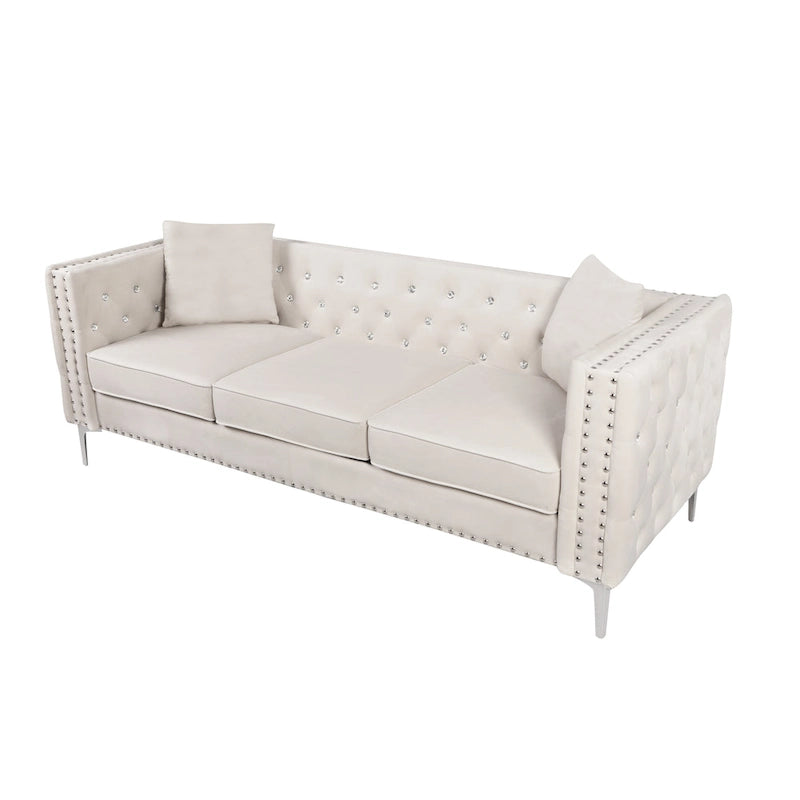 Solid Wood 82.3 Width Modern Velvet Sofa Jeweled Buttons Tufted Square Arm Couch,2 Pillows Included,Beige,4 colors - image 11