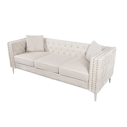 Solid Wood 82.3 Width Modern Velvet Sofa Jeweled Buttons Tufted Square Arm Couch,2 Pillows Included,Beige,4 colors - image 11