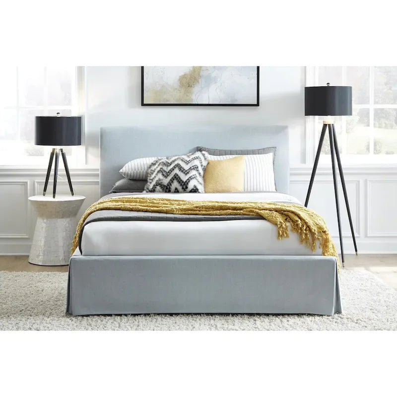 Engineered Wood Shelby Upholstered Skirted Sky Blue Storage Panel Bed - image 1