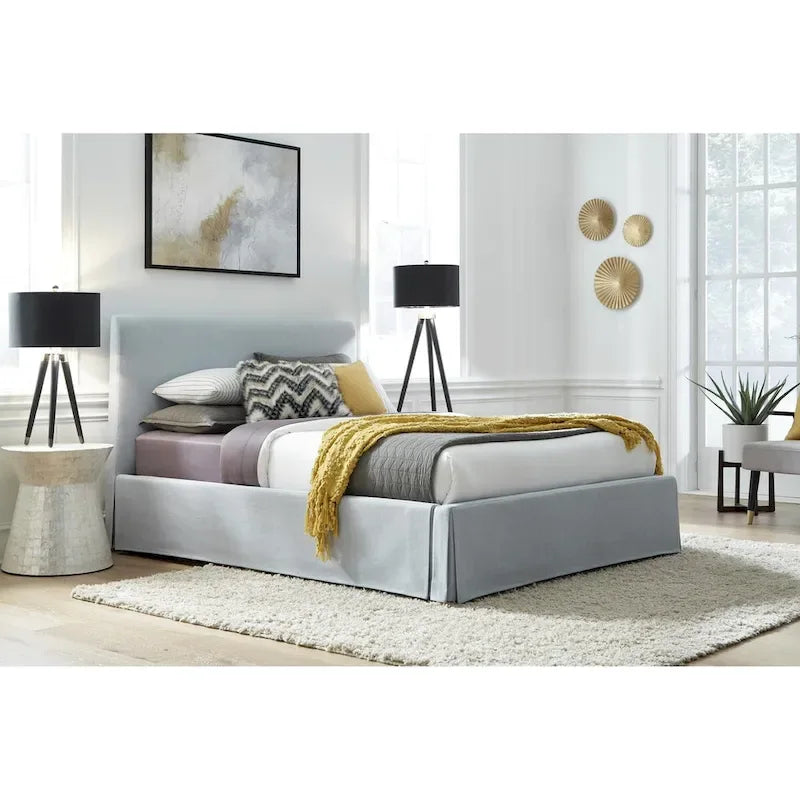Engineered Wood Shelby Upholstered Skirted Sky Blue Storage Panel Bed - image 2