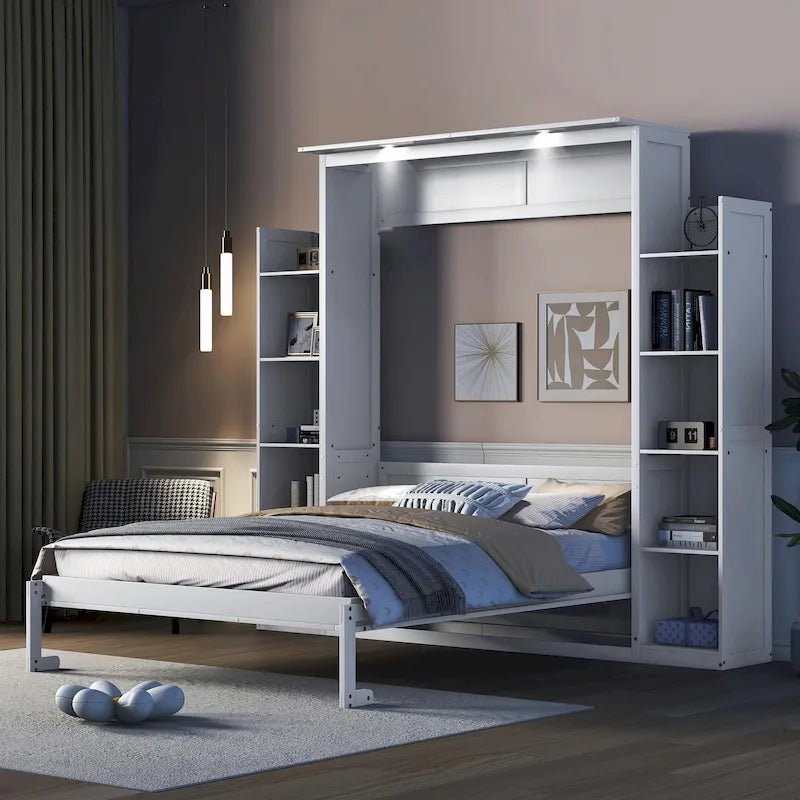 Engineered Wood Queen Size Murphy Bed with Shelves and LED Lights