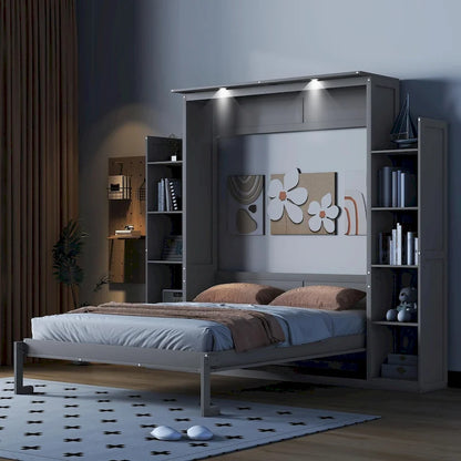 Engineered Wood Queen Size Murphy Bed with Shelves and LED Lights