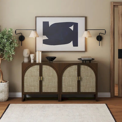 Engineered Wood Paxton Boho Wood Storage Cabinet with Doors, Small Storage Cabinet or TV Stand with Rattan Door Details