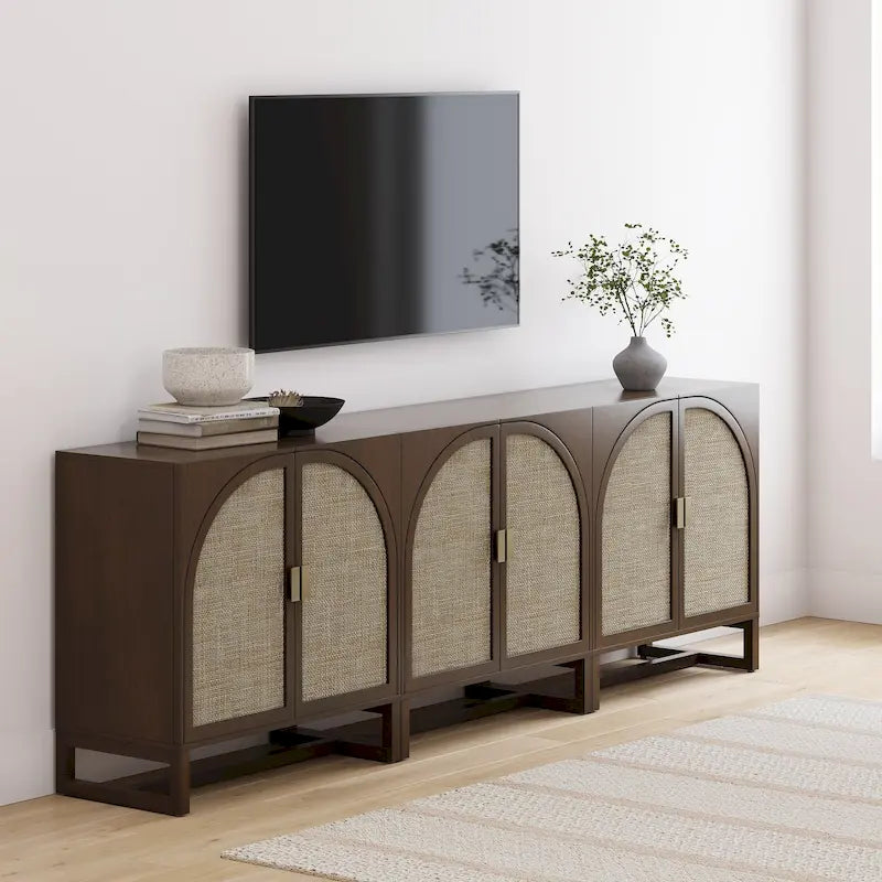 Engineered Wood Paxton Boho Wood Storage Cabinet with Doors, Small Storage Cabinet or TV Stand with Rattan Door Details