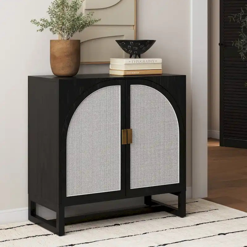 Engineered Wood Paxton Boho Wood Storage Cabinet with Doors, Small Storage Cabinet or TV Stand with Rattan Door Details