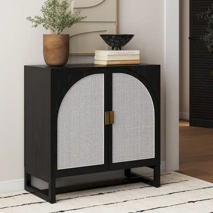 Engineered Wood Paxton Boho Wood Storage Cabinet with Doors, Small Storage Cabinet or TV Stand with Rattan Door Details