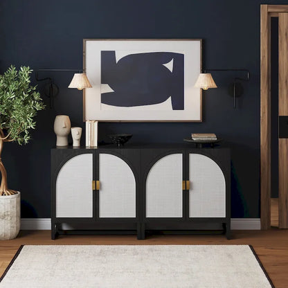 Engineered Wood Paxton Boho Wood Storage Cabinet with Doors, Small Storage Cabinet or TV Stand with Rattan Door Details