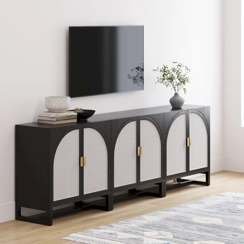 Engineered Wood Paxton Boho Wood Storage Cabinet with Doors, Small Storage Cabinet or TV Stand with Rattan Door Details