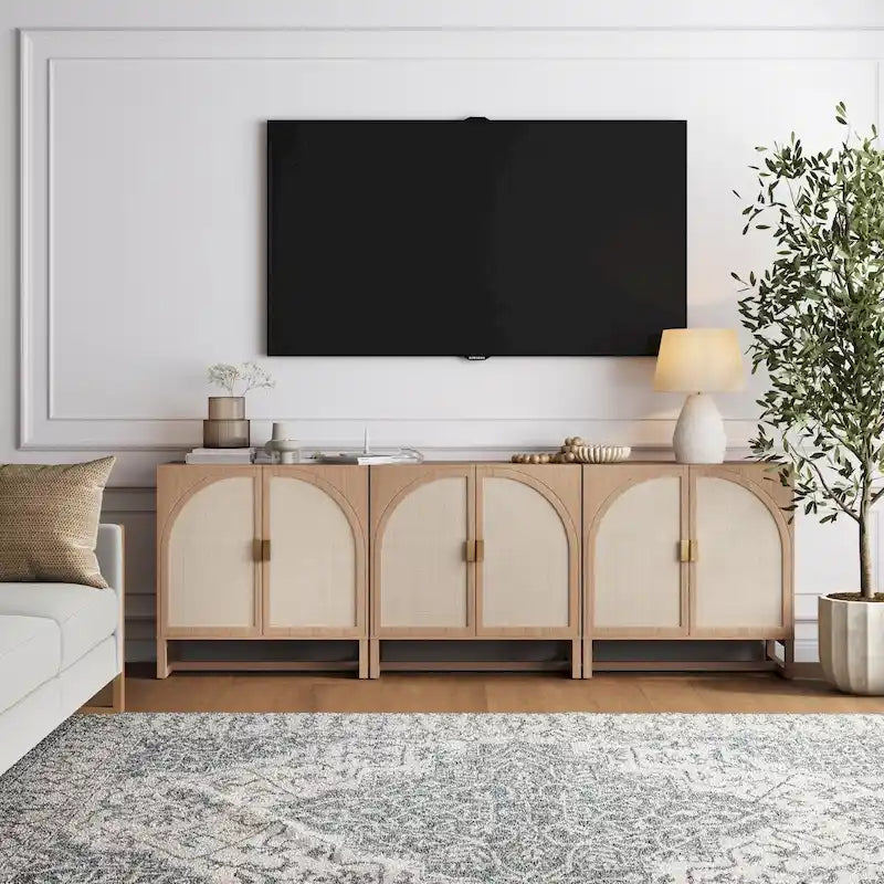 Engineered Wood Paxton Boho Wood Storage Cabinet with Doors, Small Storage Cabinet or TV Stand with Rattan Door Details