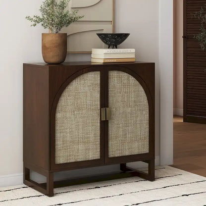 Engineered Wood Paxton Boho Wood Storage Cabinet with Doors, Small Storage Cabinet or TV Stand with Rattan Door Details