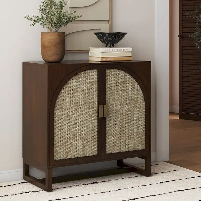 Engineered Wood Paxton Boho Wood Storage Cabinet with Doors, Small Storage Cabinet or TV Stand with Rattan Door Details - image 1