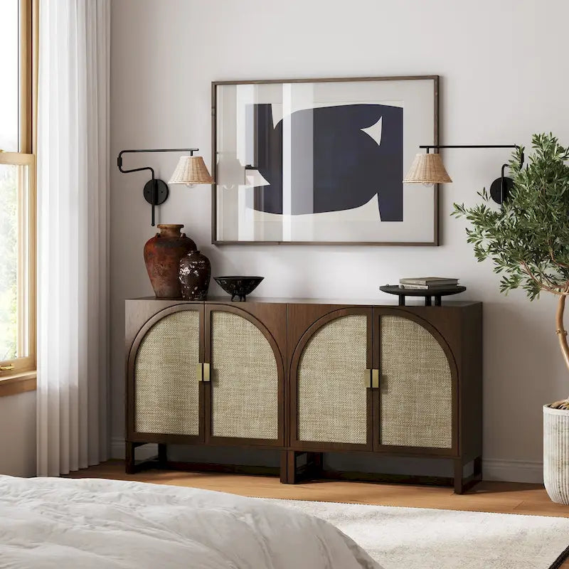 Engineered Wood Paxton Boho Wood Storage Cabinet with Doors, Small Storage Cabinet or TV Stand with Rattan Door Details - image 6
