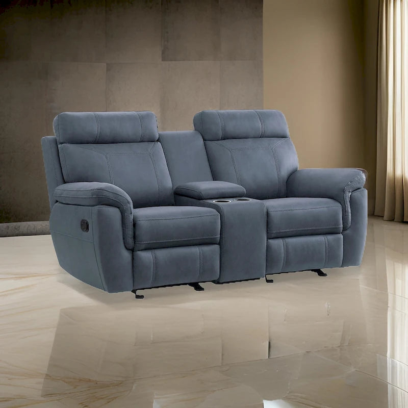 Clif 76 Inch Manual Glider Reclining Loveseat, Solid Wood, Blue Microfiber - image 1