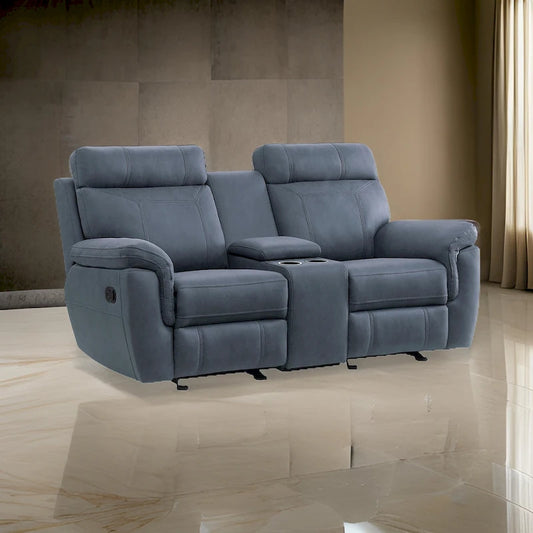 Clif 76 Inch Manual Glider Reclining Loveseat, Solid Wood, Blue Microfiber - image 1