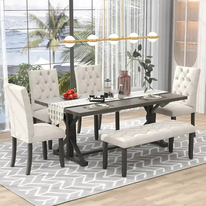 Engineered Wood 6-Piece Farmhouse Dining Table Set 72 Wood Rectangar Table, 4 Upholstered Chairs with Bench