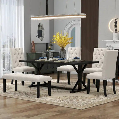 Engineered Wood 6-Piece Farmhouse Dining Table Set 72 Wood Rectangar Table, 4 Upholstered Chairs with Bench