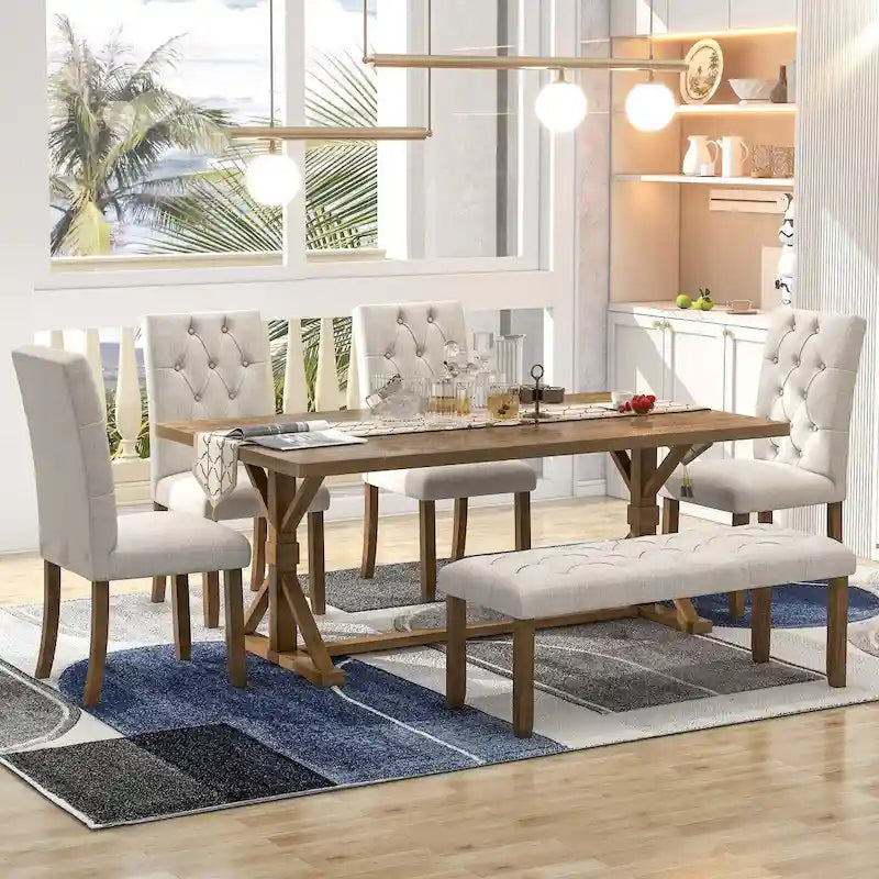 Engineered Wood 6-Piece Farmhouse Dining Table Set 72 Wood Rectangar Table, 4 Upholstered Chairs with Bench