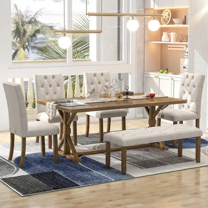 Engineered Wood 6-Piece Farmhouse Dining Table Set 72 Wood Rectangar Table, 4 Upholstered Chairs with Bench