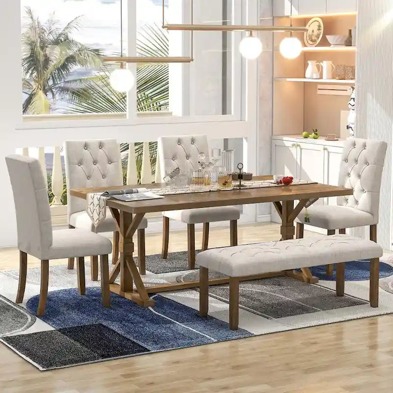 Engineered Wood 6-Piece Farmhouse Dining Table Set 72 Wood Rectangar Table, 4 Upholstered Chairs with Bench - image 1