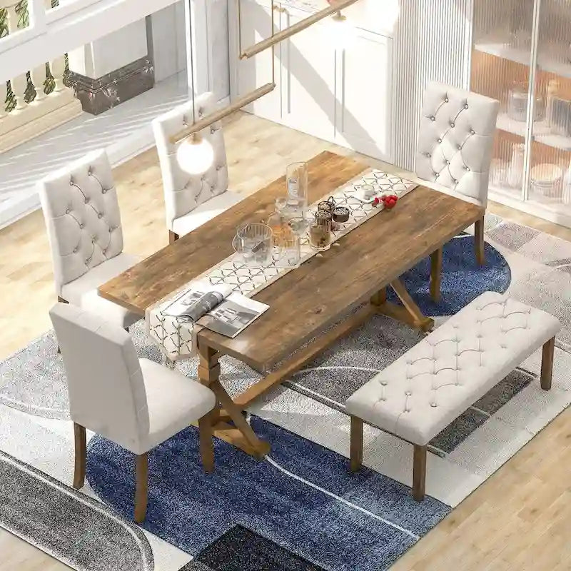 Engineered Wood 6-Piece Farmhouse Dining Table Set 72 Wood Rectangar Table, 4 Upholstered Chairs with Bench - image 4
