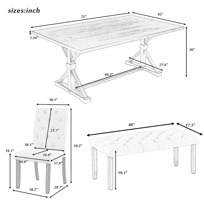 Engineered Wood 6-Piece Farmhouse Dining Table Set 72 Wood Rectangar Table, 4 Upholstered Chairs with Bench - image 6