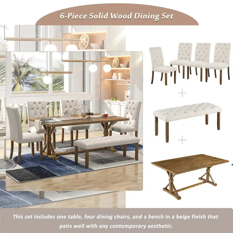 Engineered Wood 6-Piece Farmhouse Dining Table Set 72 Wood Rectangar Table, 4 Upholstered Chairs with Bench - image 7