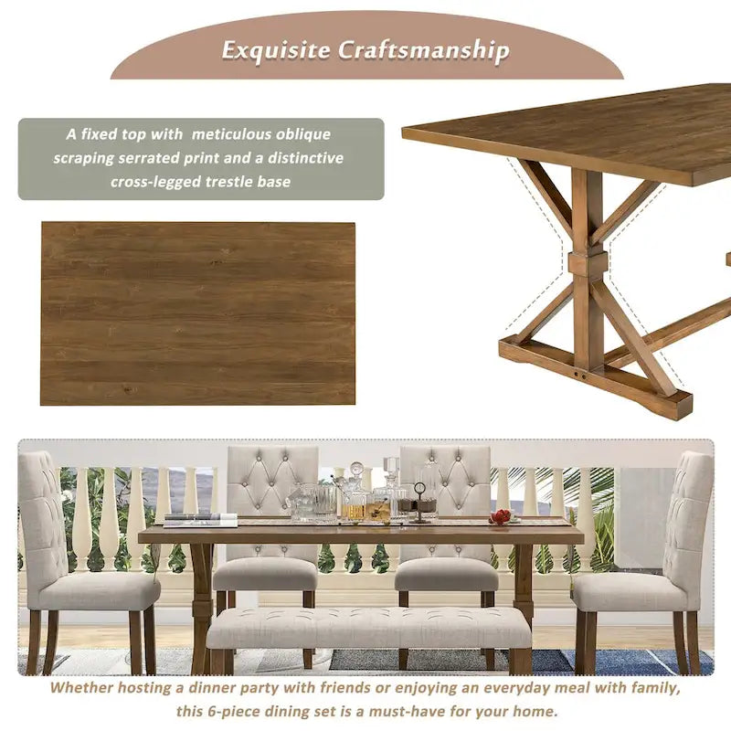 Engineered Wood 6-Piece Farmhouse Dining Table Set 72 Wood Rectangar Table, 4 Upholstered Chairs with Bench - image 8
