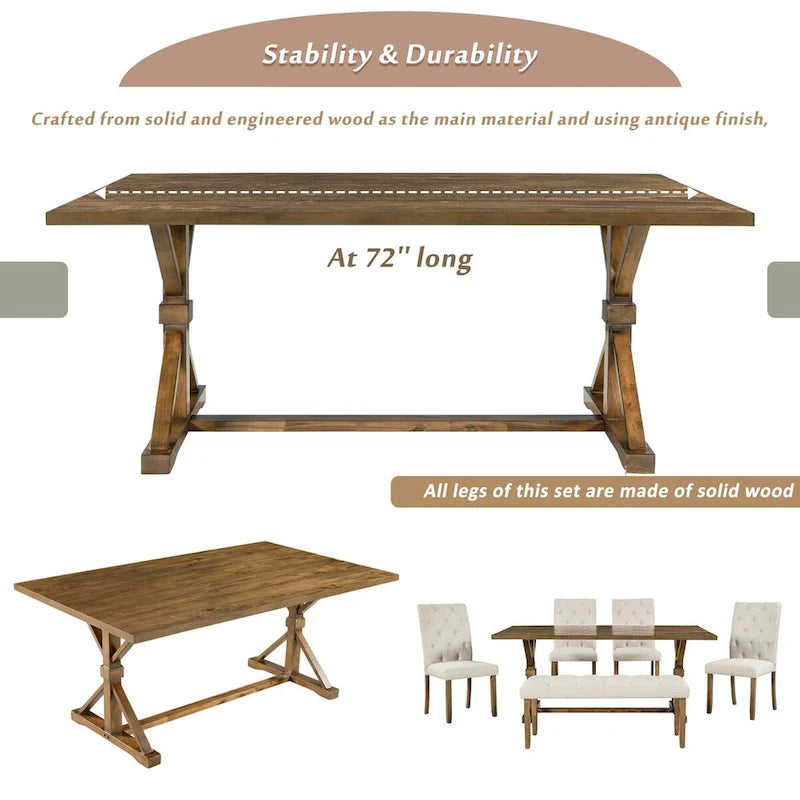 Engineered Wood 6-Piece Farmhouse Dining Table Set 72 Wood Rectangar Table, 4 Upholstered Chairs with Bench - image 9