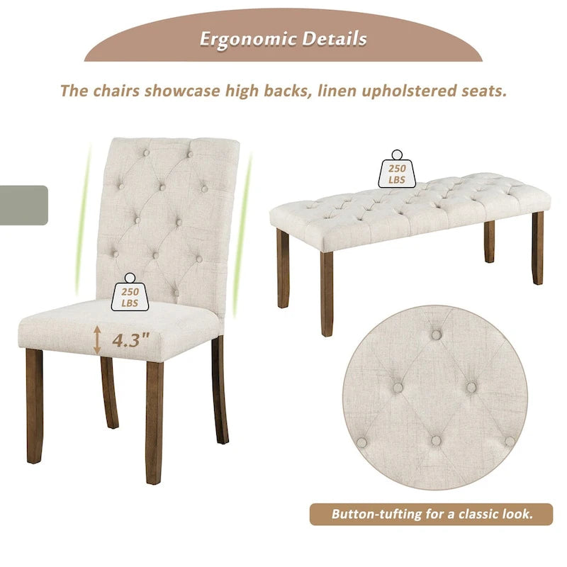 Engineered Wood 6-Piece Farmhouse Dining Table Set 72 Wood Rectangar Table, 4 Upholstered Chairs with Bench - image 10