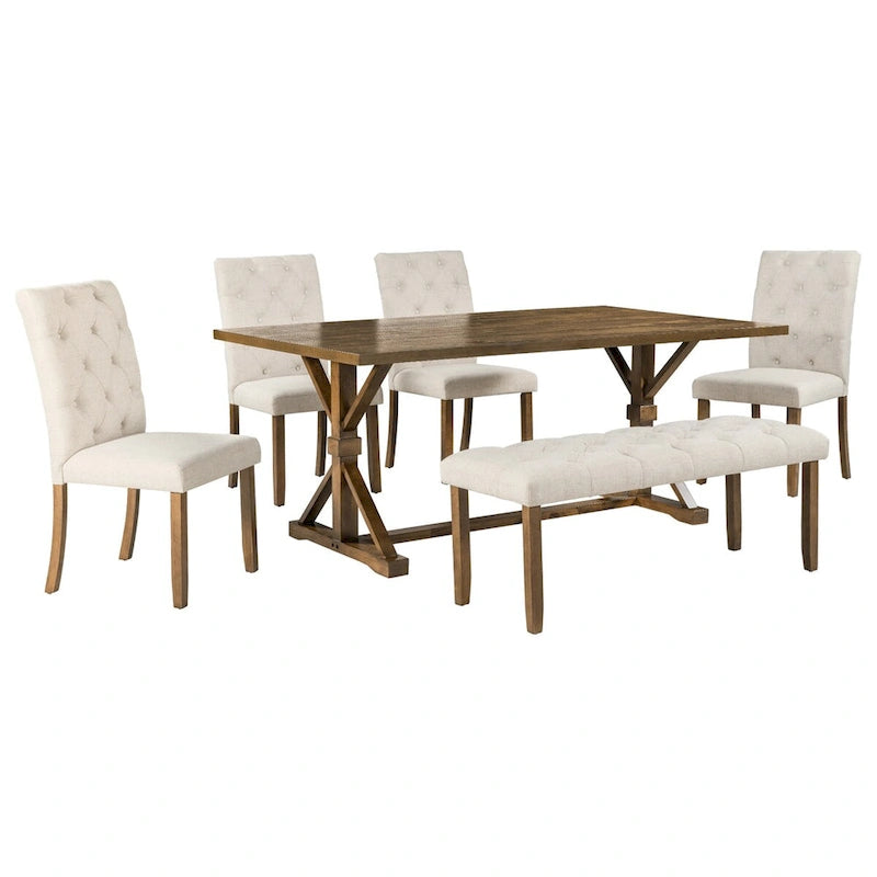 Engineered Wood 6-Piece Farmhouse Dining Table Set 72 Wood Rectangar Table, 4 Upholstered Chairs with Bench - image 11