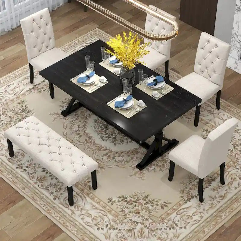 Engineered Wood 6-Piece Farmhouse Dining Table Set 72 Wood Rectangar Table, 4 Upholstered Chairs with Bench - image 12