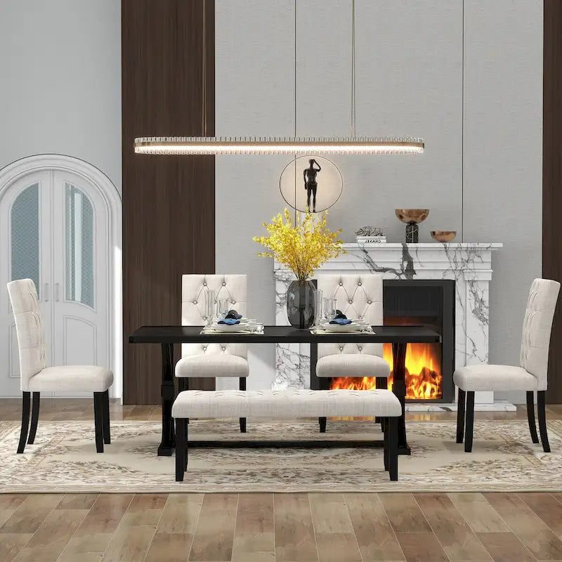 Engineered Wood 6-Piece Farmhouse Dining Table Set 72 Wood Rectangar Table, 4 Upholstered Chairs with Bench - image 13