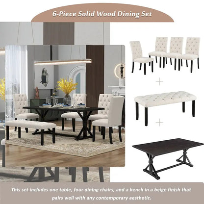 Engineered Wood 6-Piece Farmhouse Dining Table Set 72 Wood Rectangar Table, 4 Upholstered Chairs with Bench - image 14