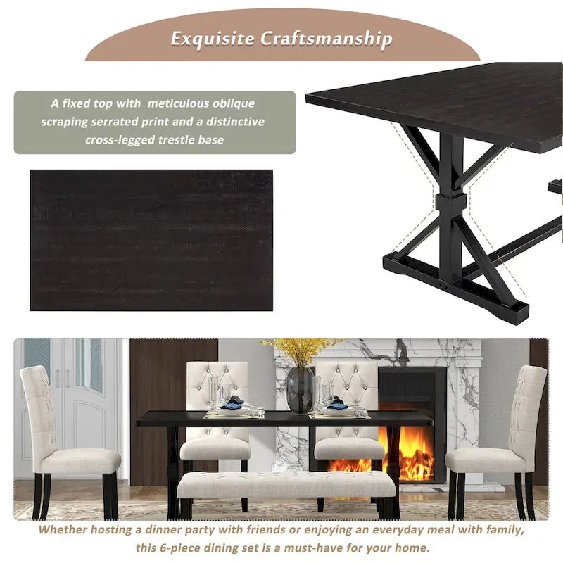 Engineered Wood 6-Piece Farmhouse Dining Table Set 72 Wood Rectangar Table, 4 Upholstered Chairs with Bench - image 15