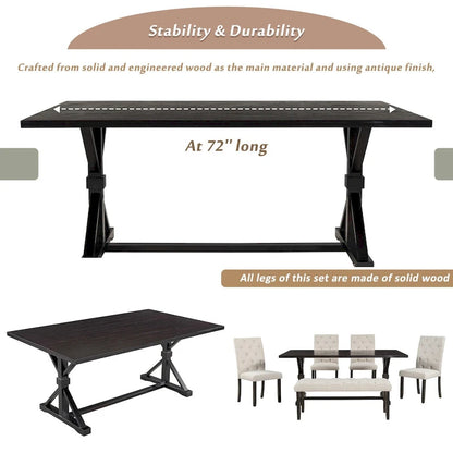 Engineered Wood 6-Piece Farmhouse Dining Table Set 72 Wood Rectangar Table, 4 Upholstered Chairs with Bench - image 16