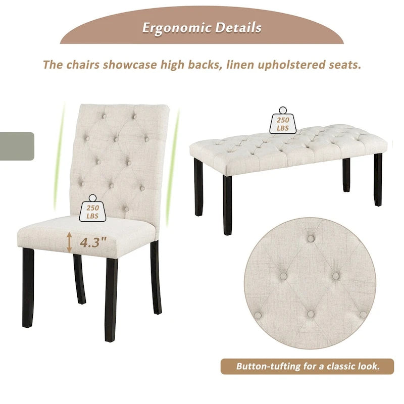 Engineered Wood 6-Piece Farmhouse Dining Table Set 72 Wood Rectangar Table, 4 Upholstered Chairs with Bench - image 17