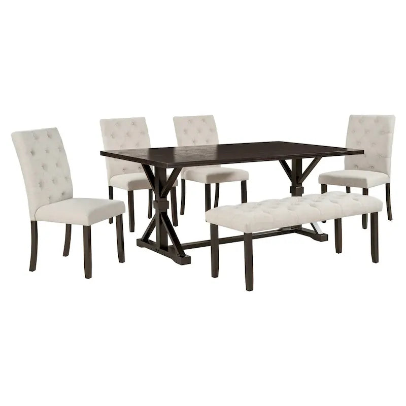 Engineered Wood 6-Piece Farmhouse Dining Table Set 72 Wood Rectangar Table, 4 Upholstered Chairs with Bench - image 18