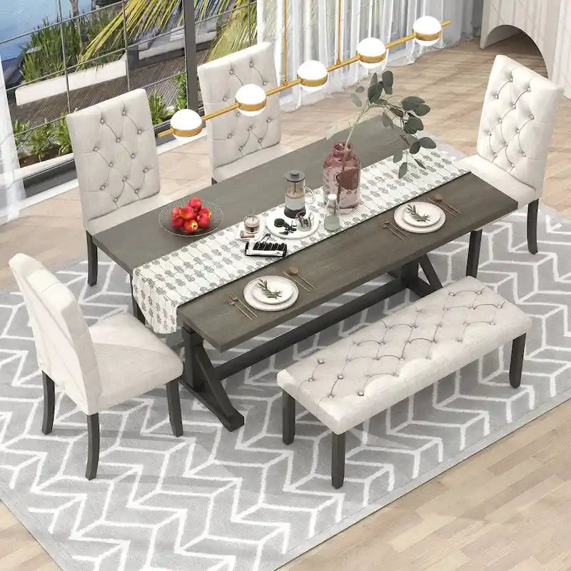 Engineered Wood 6-Piece Farmhouse Dining Table Set 72 Wood Rectangar Table, 4 Upholstered Chairs with Bench - image 19