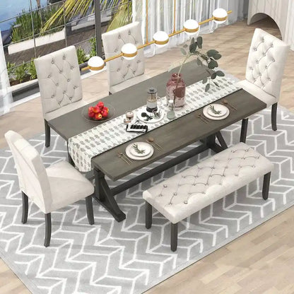 Engineered Wood 6-Piece Farmhouse Dining Table Set 72 Wood Rectangar Table, 4 Upholstered Chairs with Bench - image 19