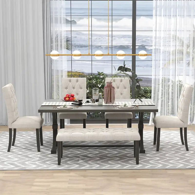 Engineered Wood 6-Piece Farmhouse Dining Table Set 72 Wood Rectangar Table, 4 Upholstered Chairs with Bench - image 20