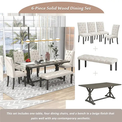 Engineered Wood 6-Piece Farmhouse Dining Table Set 72 Wood Rectangar Table, 4 Upholstered Chairs with Bench - image 21