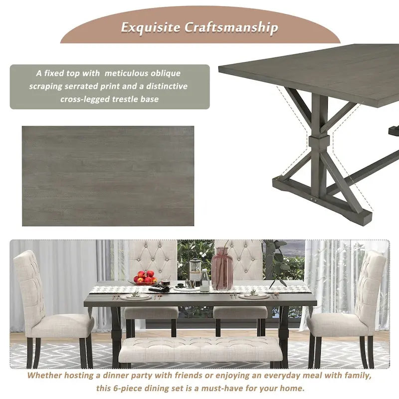 Engineered Wood 6-Piece Farmhouse Dining Table Set 72 Wood Rectangar Table, 4 Upholstered Chairs with Bench - image 22