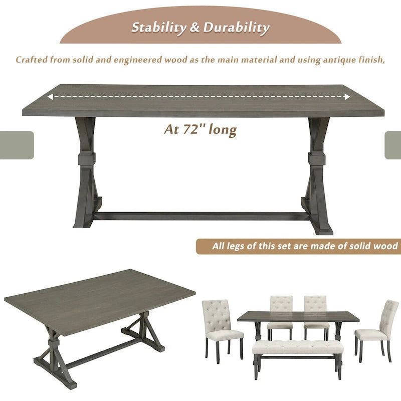 Engineered Wood 6-Piece Farmhouse Dining Table Set 72 Wood Rectangar Table, 4 Upholstered Chairs with Bench - image 23